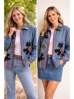 Vintage Scottie Dog Denim Jacket Women Frog Pond Zip Novelty USA 90s L